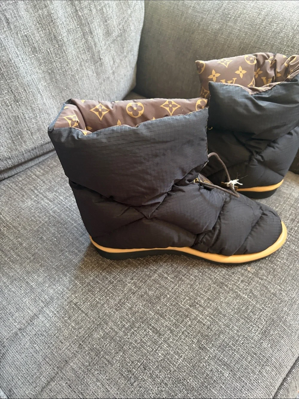 Louis Vuitton Black Quilted Winter Boots with Brown Monogram Cuff